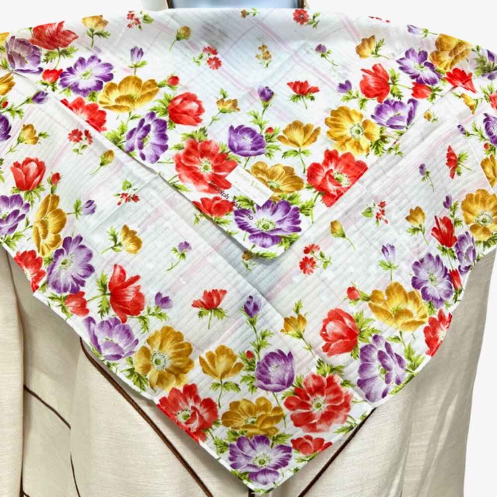 New-Valentino R. Mini Scarf/Handkerchief cotton 18". red purple gold floral (75 - Picture 3 of 6